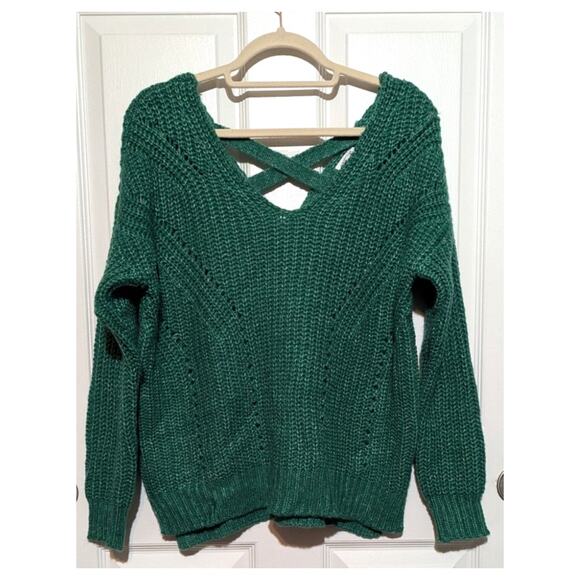 Hippie Rose Womens Green Knit V-Neck Pullover Sweater Criss Cross Back Size M - Picture 2 of 8
